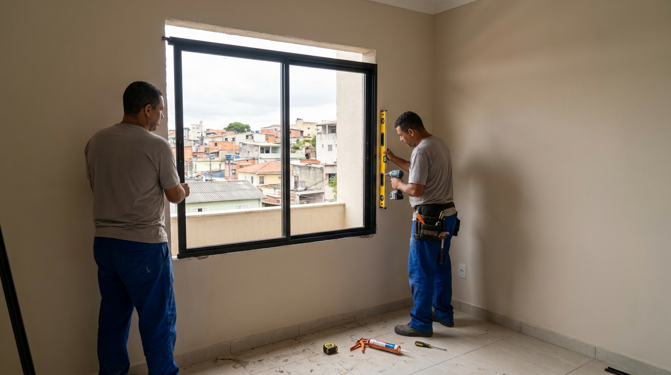 Esquadria de alumínio em quarto bege em Carapicuíba-SP