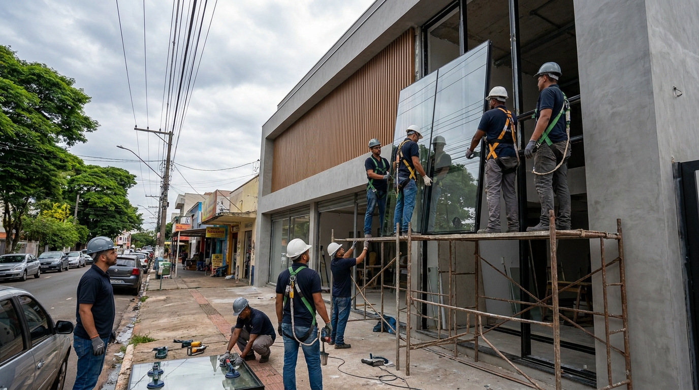 Fachada de vidro com andaime lateral em Carapicuíba-SP