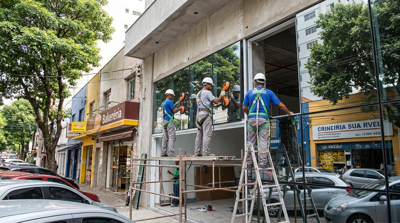 Fachada de vidro com confeitaria vizinha em Carapicuíba-SP