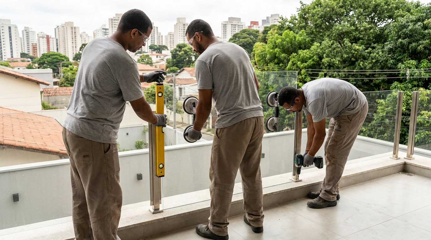 Guarda-corpo em terraço alto com vista cidade em Carapicuíba-SP