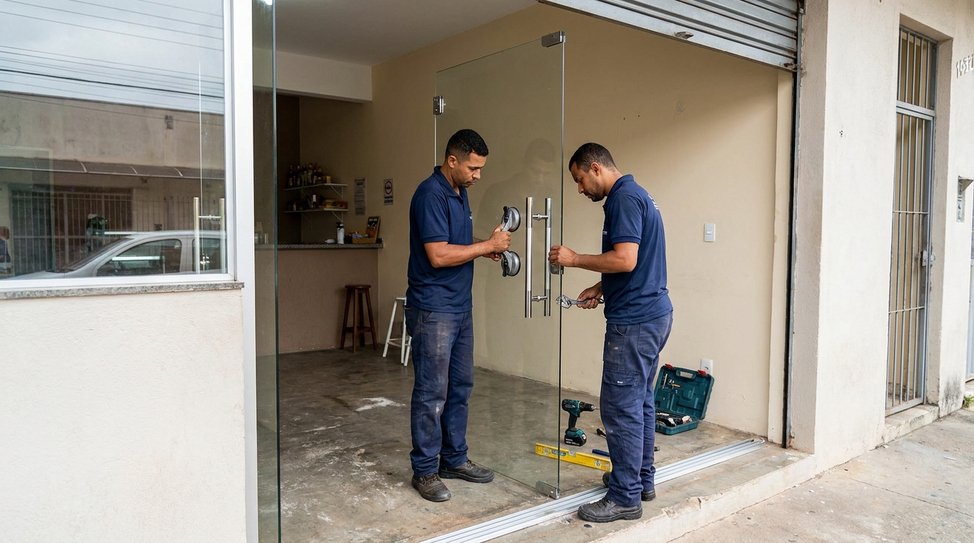 Dupla instalando porta de vidro em loja em Carapicuíba-SP
